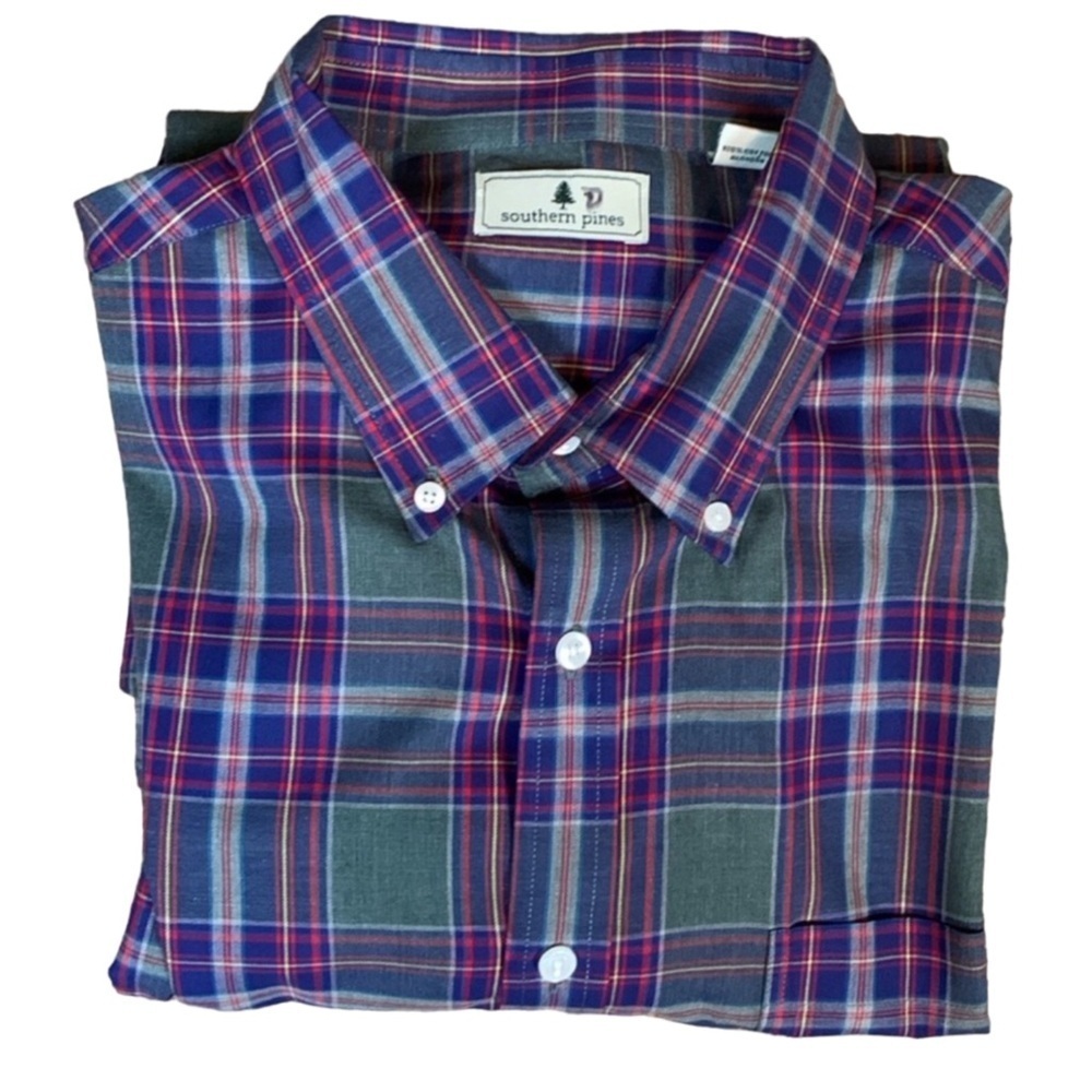 Southern Pines green and blue plaid button down shirt Size XXL